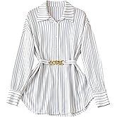 SweatyRocks Women's Oversized Striped Button Down Shirts Dressy Collared Bishop Long Sleeve Belted Blouses