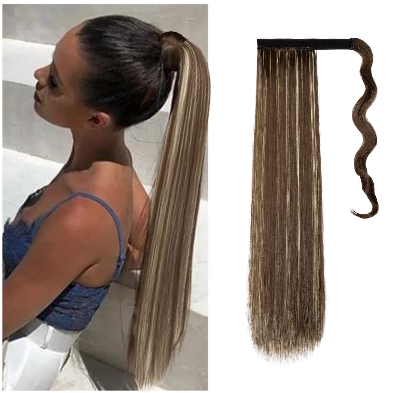 Cybelleza Straight Ponytail Extension Long Wrap Around Ponytails 22 inch Clip in Hair Extensions Hairpiece Synthetic for Women 105g, Chestnut Brown & Bleach Blonde
