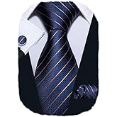 Barry.Wang Tie Sets for Men Silk Stripe Necktie Woven Checkered Handkerchief Cufflinks Formal Business Wedding