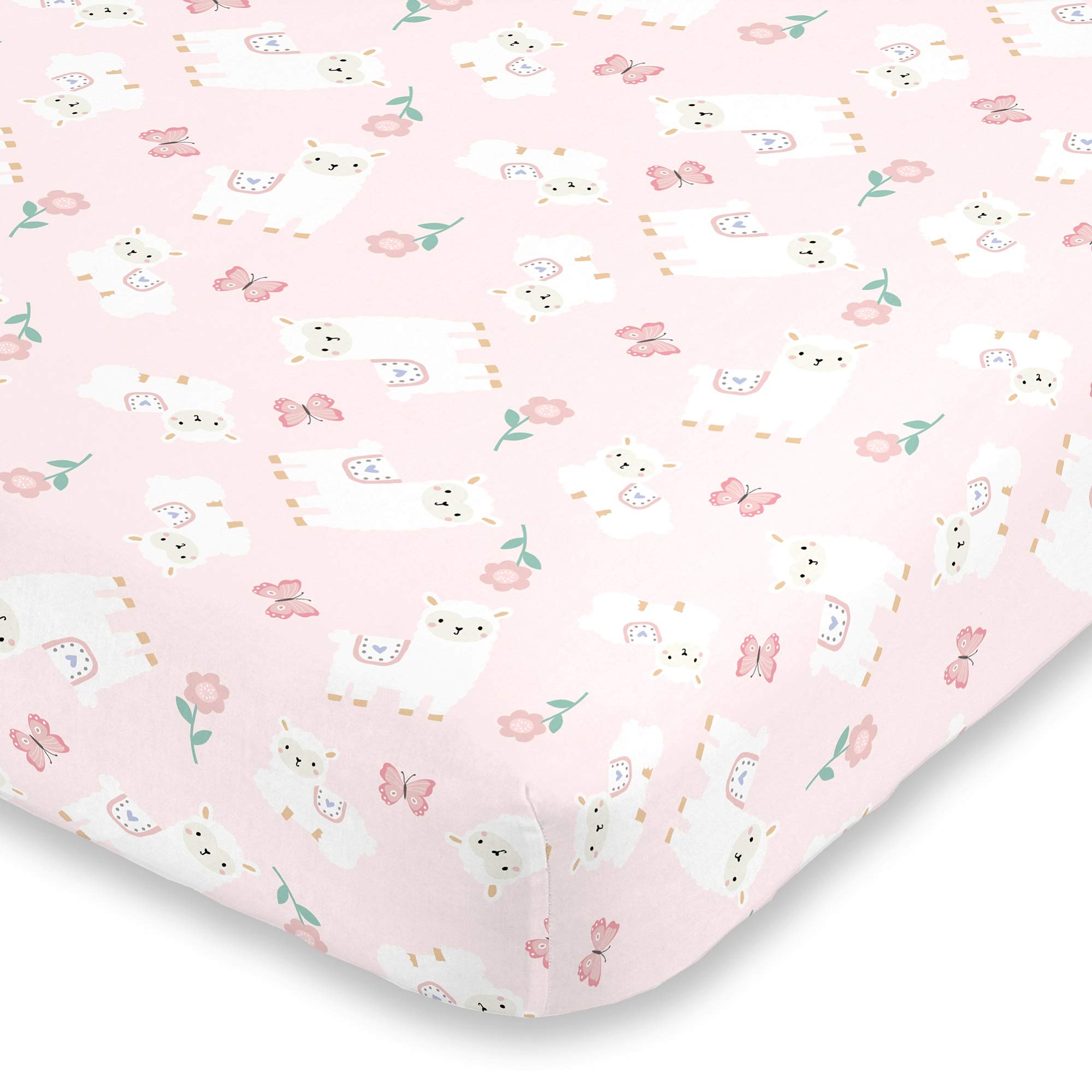 Photo 1 of Little Love by NoJo Sweet Llama & Butterflies Floral Pink & White Super Soft Fitted Crib Sheet, Pink, Ivory, Lavender, Light Green