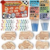 Kids Party Wood Painting Craft Kits (12ct) 3-D Cars- Each Kit Has its Own Brush, Paint, & Figure- 6 Designs Include Taxi, Trucks & More w Bonus Customizable Sticker Decals- Unique Valentine's Day Gift