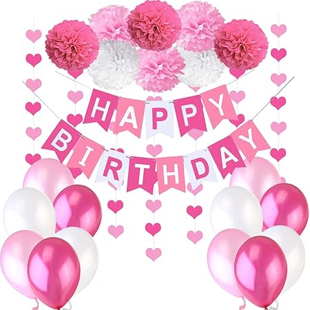 Decorazione Compleanno Bimba Bandierine Di Buon Compleanno Happy Birthday Set Di 8 Pompon A Fiore 2 Festoni Con Cuori Di 3 M 12 Palloncini Perlati Rosa Bianco Fucsia Amazon It Casa E Cucina