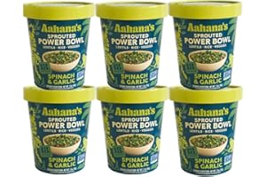 Aahana's Sprouted Power Bowl - Spinach & Garlic 18g Plant-Protein |Gluten Free | 12g Fiber |Vegan |Kosher, Premade Meals Ready To Eat Indian Food & Vegetarian Food | Just Add Water, No Refrigeration (6 Pack)