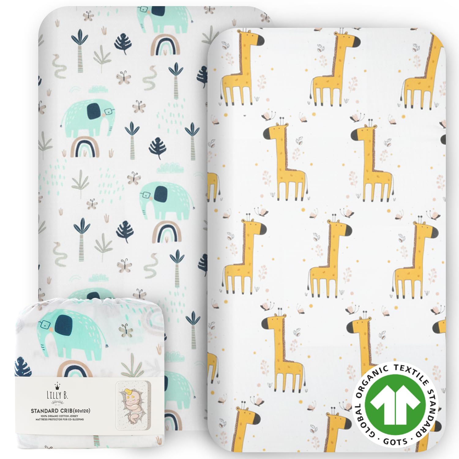 Lilly Belly Organic Cotton GOTS 2 Cot Sheets 120x60 Fitted, Compatible with Next2me, Snuzpod and All Bedside Cribs, Mini Cribs up to 120x60cm Pack of 2 Sheets (Jungle) — image 1