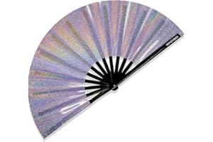 Ravevibes 13" Large Glitter Holographic Rave Hand Fan, Folding Lridescent Festival Edm Clack Fan Foldable for Rave Outfits Accessories Festival, Club, Party, Dance for Men Women, Glitter Purple