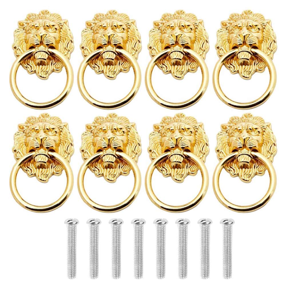 Lion Head Drawer Handles, 8 Pieces Antique Lions Head Knob Handle, Metal Pull Ring Lions Head, Lions Head Knob Handle, with Screws, for Cabinet Doorknob Jewelry Box Drawer Ring Handle Knobs (Golden)