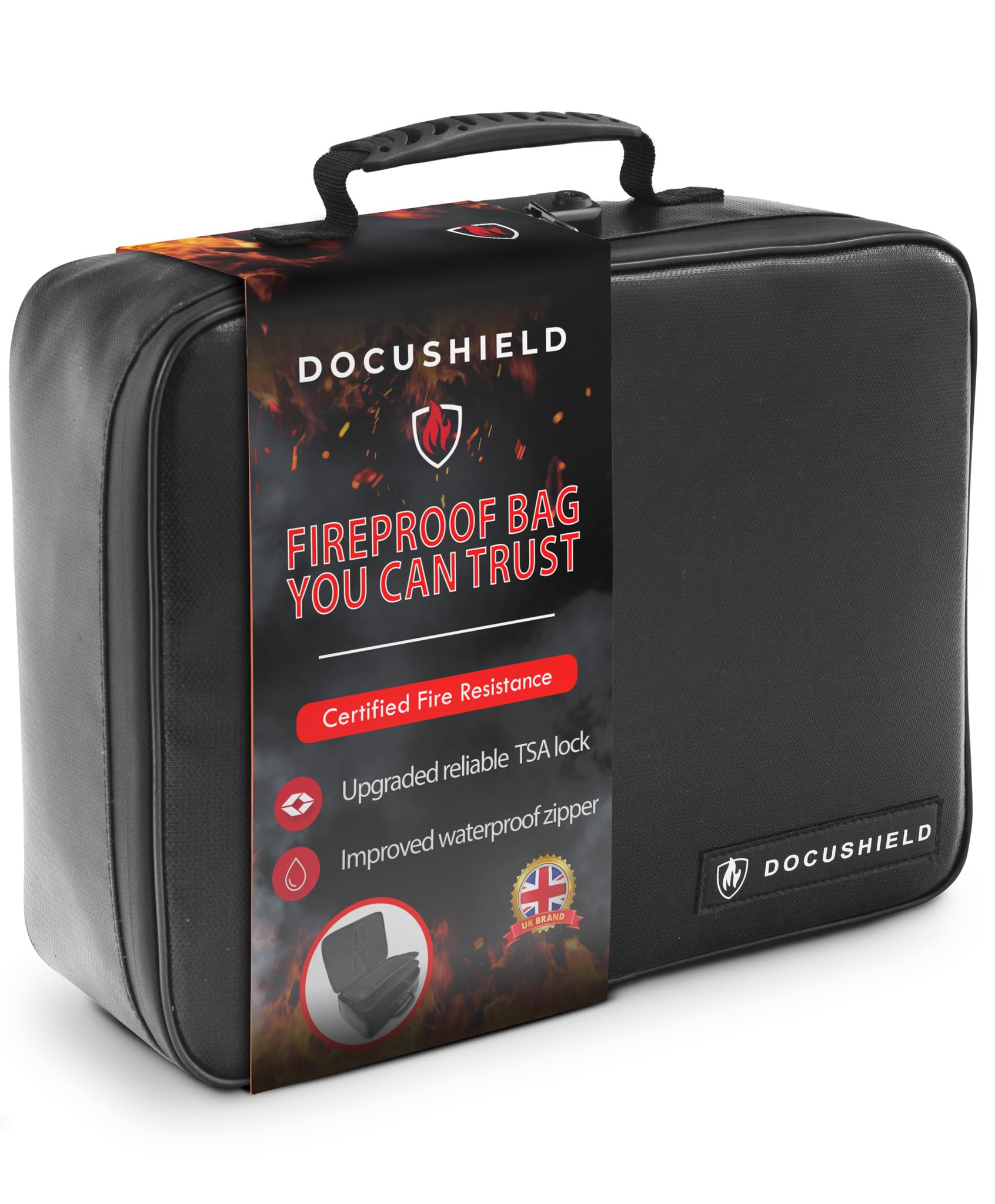 DocuShield Fireproof Document Box | Water Resistant & Fireproof Document Bag | Lightweight & Portable Box with Dividers & Pockets for File Storage | UK Brand | Fibreglass Fabric | TSA Lock (Original)