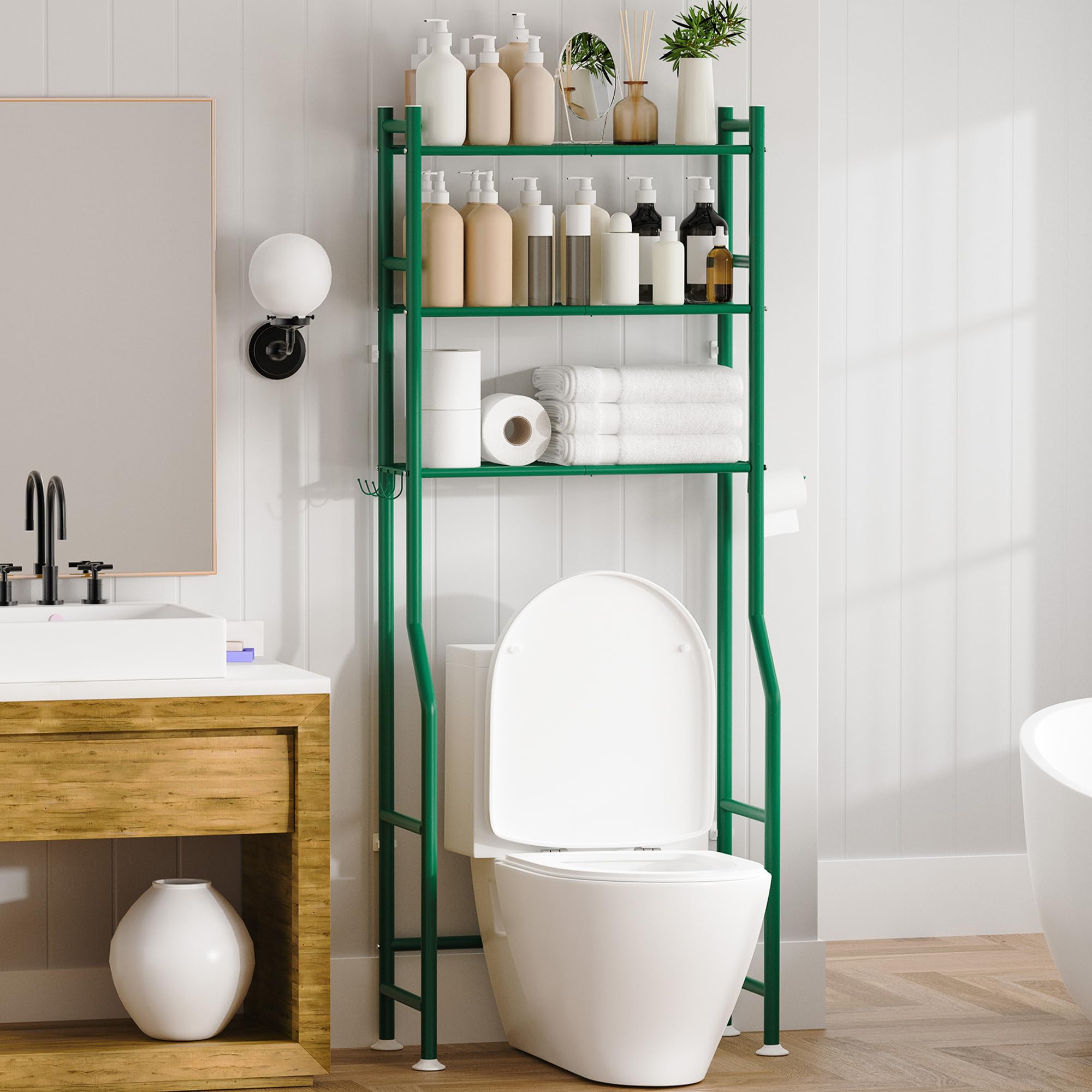 GloTika 3-Tier Over Toilet Storage with Anti-Tilt Safety System - 150lb Total Capacity Metal Bathroom Shelves Including Paper Holder & 4 Hooks, Space Saving Above Commode Organizer (64" H, Green)