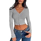 Women Long Sleeve V Neck Ribbed Crop Tight Shirts Button Down Cami Tops Slim Fit Y2k Cropped Going Out Tops