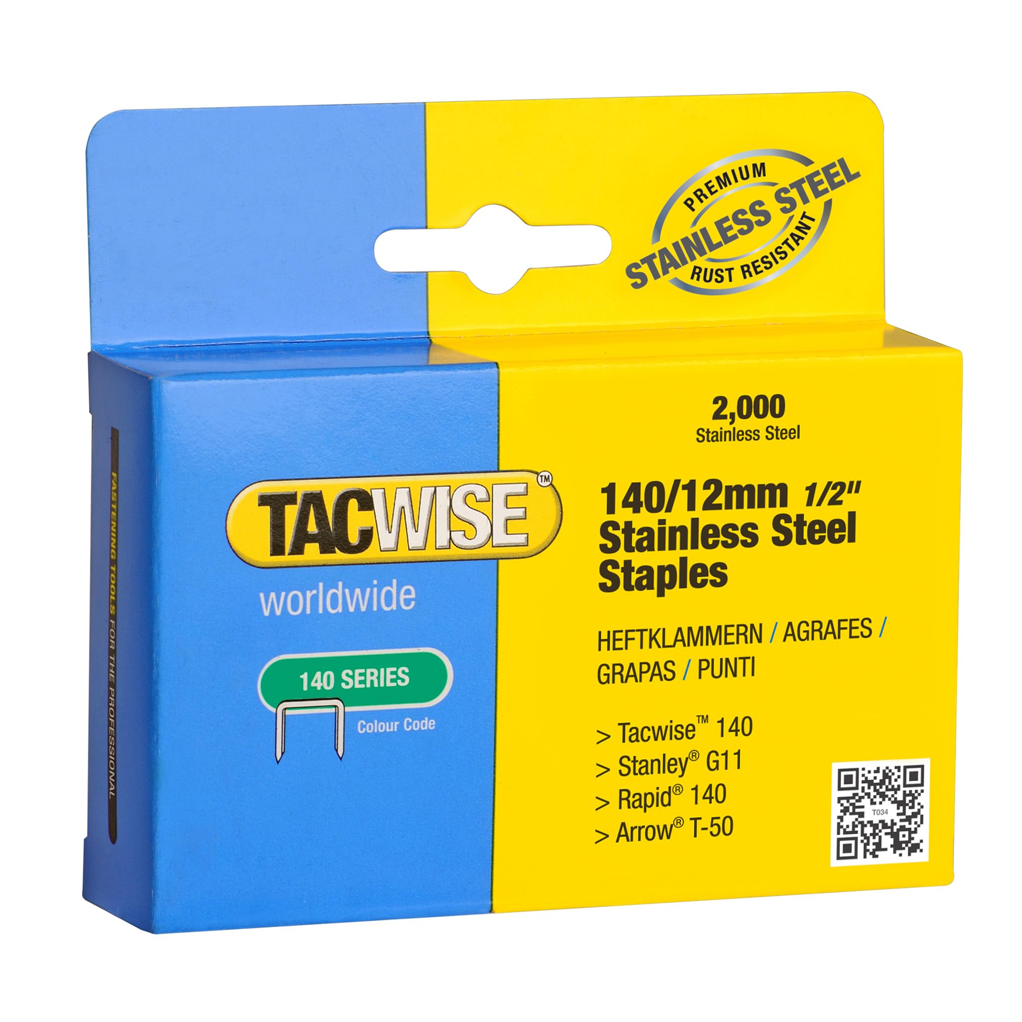Tacwise 1220 Type 140/12mm Heavy-Duty Stainless Steel Staples, Pack of 2000