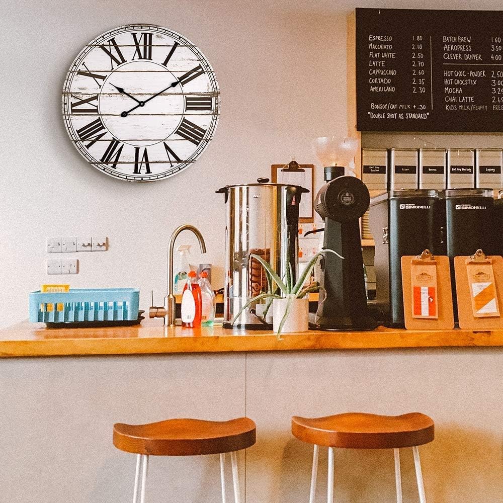 BEW Large Wall Clock, 24-Inch Distressed Shiplap Roman Decorative Wall Clocks, Silent Farmhouse Wooden Wall Clock for Living Room, Dining Room, Den, Shelf: Kitchen & Dining