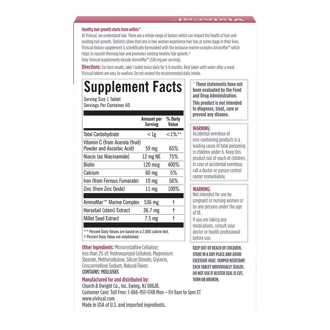 Viviscal Women's Hair Growth Supplements with Proprietary Collagen Complex, 1 Selling for Clinically Proven Results of Thicker, Fuller Hair; Nourish Thinning Hair (60 Tablets - 1 Month Supply): Beauty