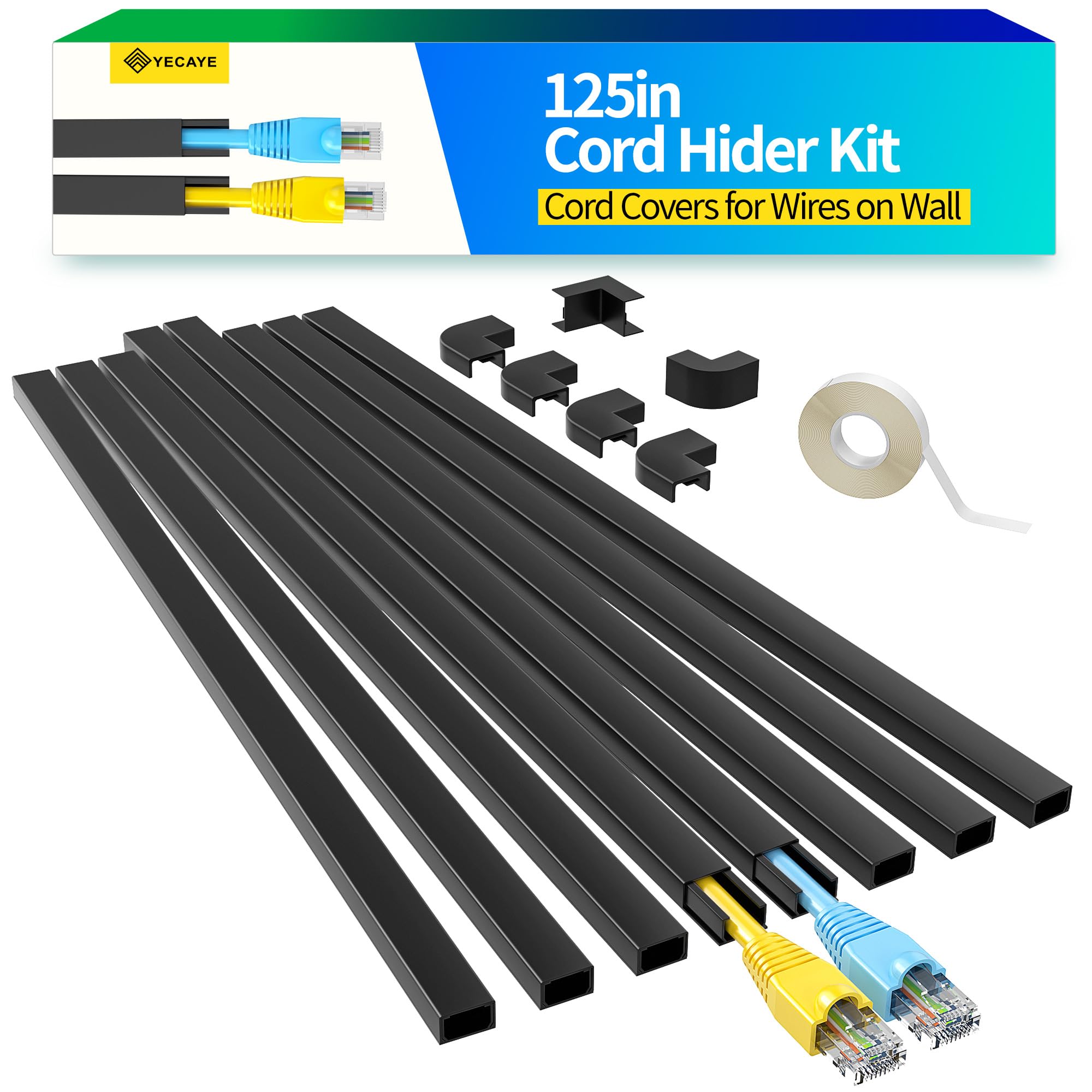 Yecaye 125in Black Cord Hider, One-Cord Channel Cord Cover on Wall, Cable Management Kit, Wire Covers for Cords, Cable Raceway, W0.59in H0.4in, Black