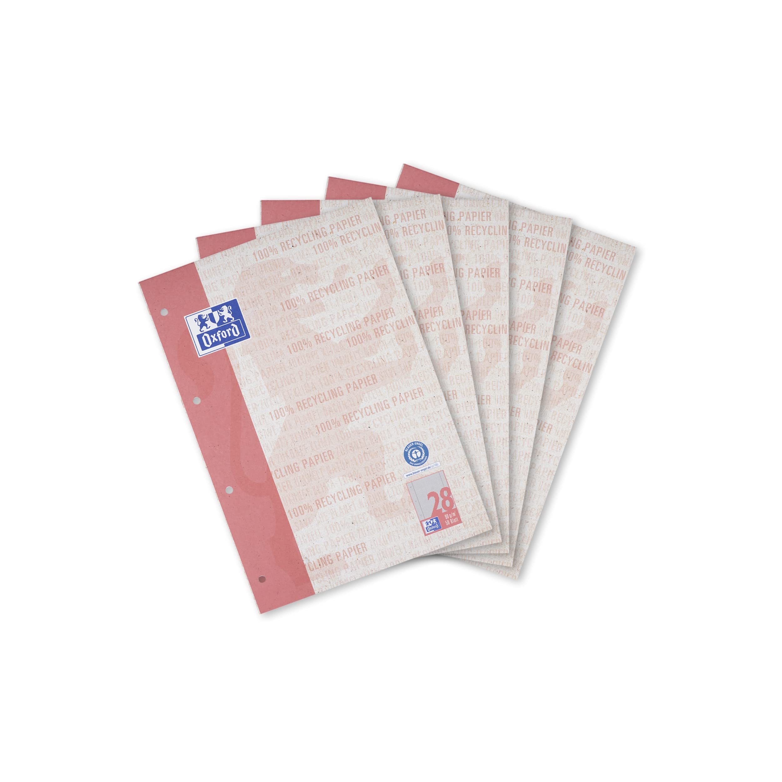 Oxford Recycling school pad A4 squared with margin left and right, line style 28, 50 sheets, pack of 5
