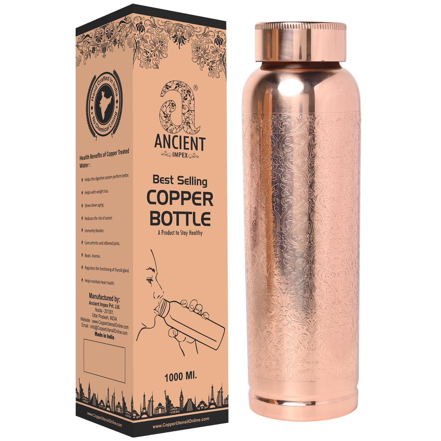 ANCIENTIMPEX Pure Copper Water Bottle 900 ml Joint less Ayurvedic Drinking Bottle with Etching Pattern Design for Digestion, Immunity & Health Benefits