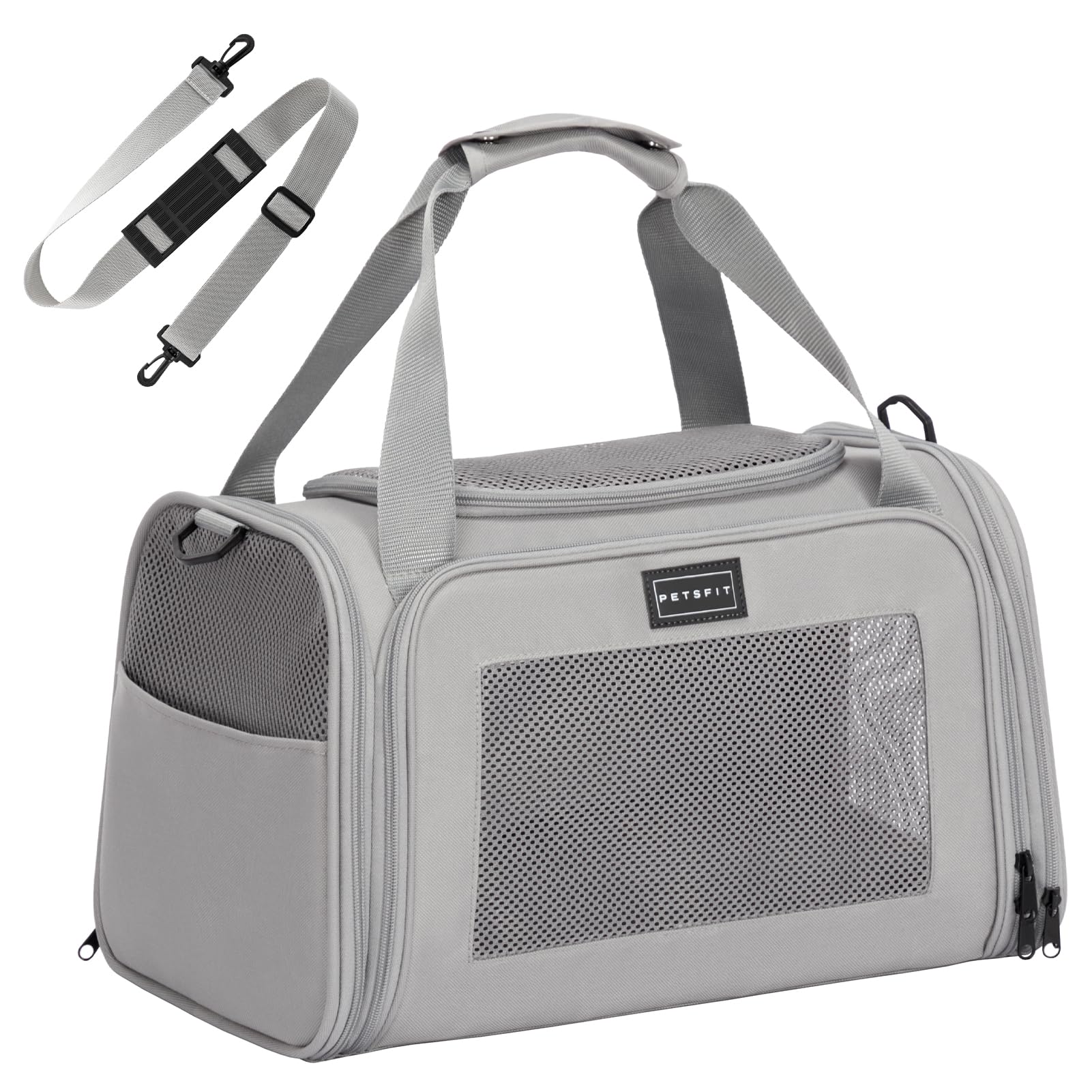 PETSFIT Cat Travel Carrier with Extendable Fleece Mat, Pet Carrier Airline Approved with Safety Leash for Puppy Up to 12 Lbs (44 * 26.5 * 27CM, Grey)