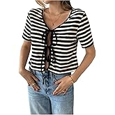 WDIRARA Women's Striped Tie Front Shirts V Neck Short Sleeve Tee Summer Crop Tops