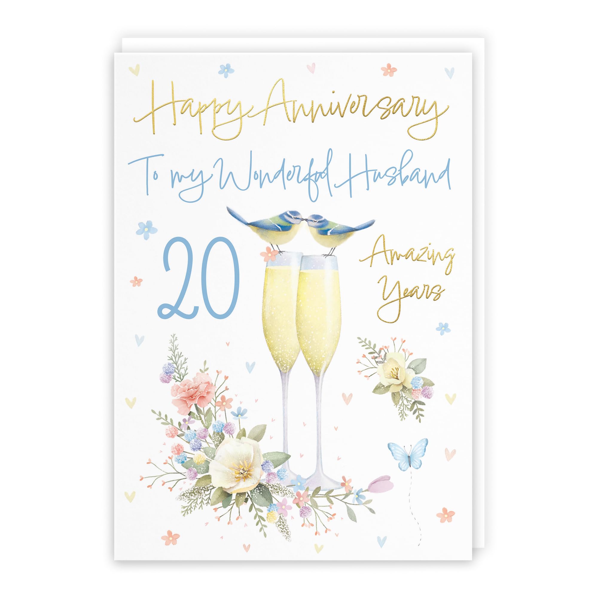 Hunts England - Husband 20th Anniversary Card - A5 Size - Champagne Flutes - Gold Foil - 20th Anniversary Card For Husband - Twenty Years - 20th Anniversary - Milo's Gallery