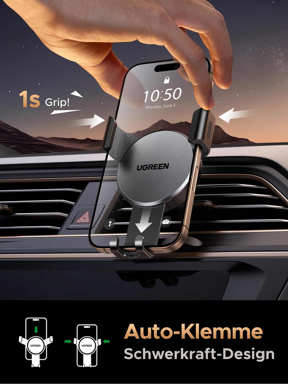 UGREEN Handyhalterung Auto PKW Lüftung Schwerkraft bis 7,2 Zoll (Schwarz) 3