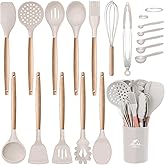 MIBOTE Silicone Cooking Kitchen Utensils Set with Holder, Wooden Handles BPA Free Non Toxic Silicone Turner Tongs Spatula Spoon Kitchen Gadgets Utensil Set for Nonstick Cookware (Khaki)