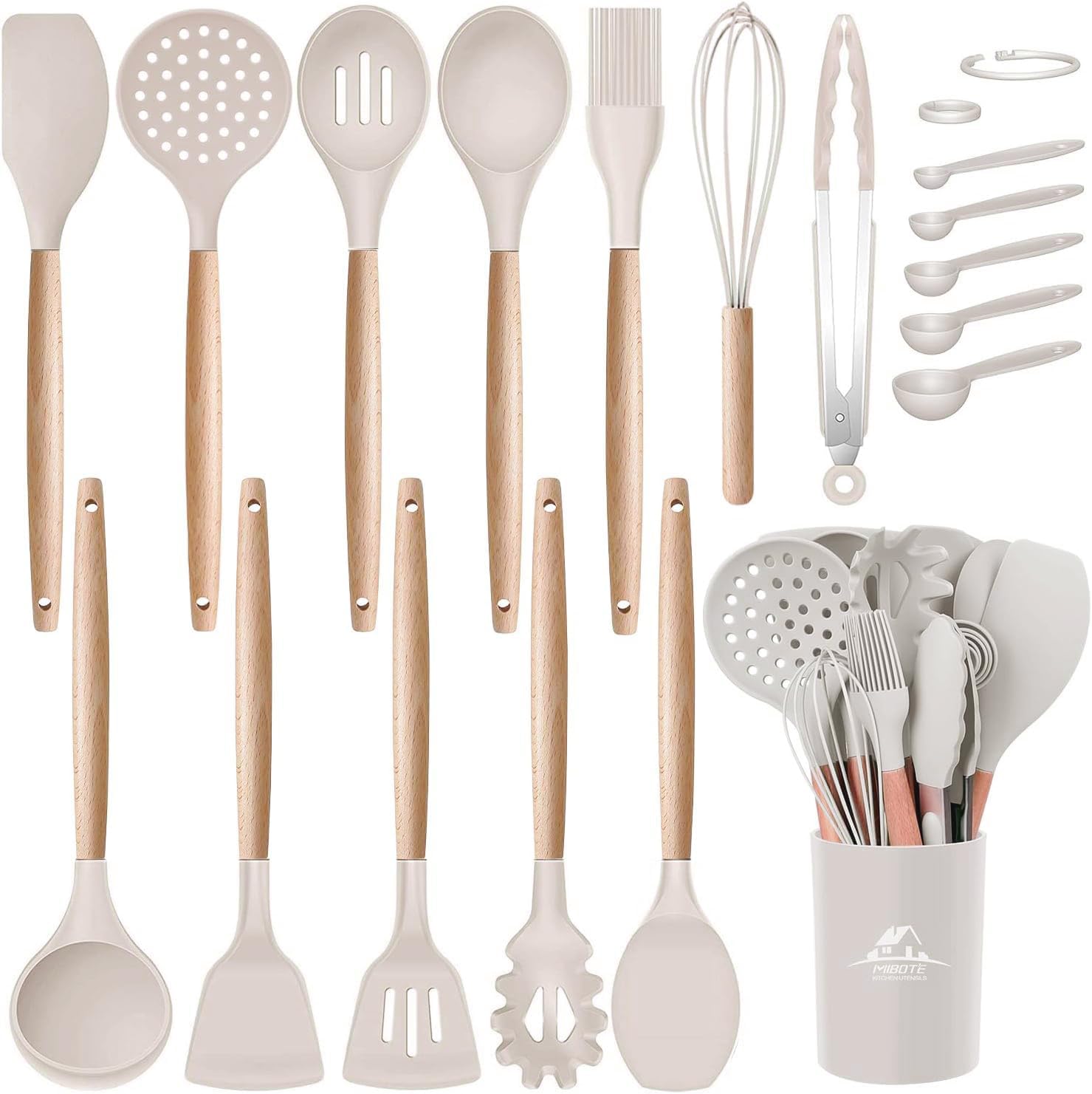 Photo 1 of MIBOTE Silicone Cooking Kitchen Utensils Set with Holder, Wooden Handles BPA Free Non Toxic Silicone Turner Tongs Spatula Spoon Kitchen Gadgets Utensil Set for Nonstick Cookware (Khaki)