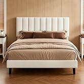 GarveeHome Full Size Velvet Upholstered Platform Bed Frame, White | Vertical Channel Tufted Adjustable Headboard, No Box Spring Needed, Sturdy Wood Slats Noise Free Easy Assembly
