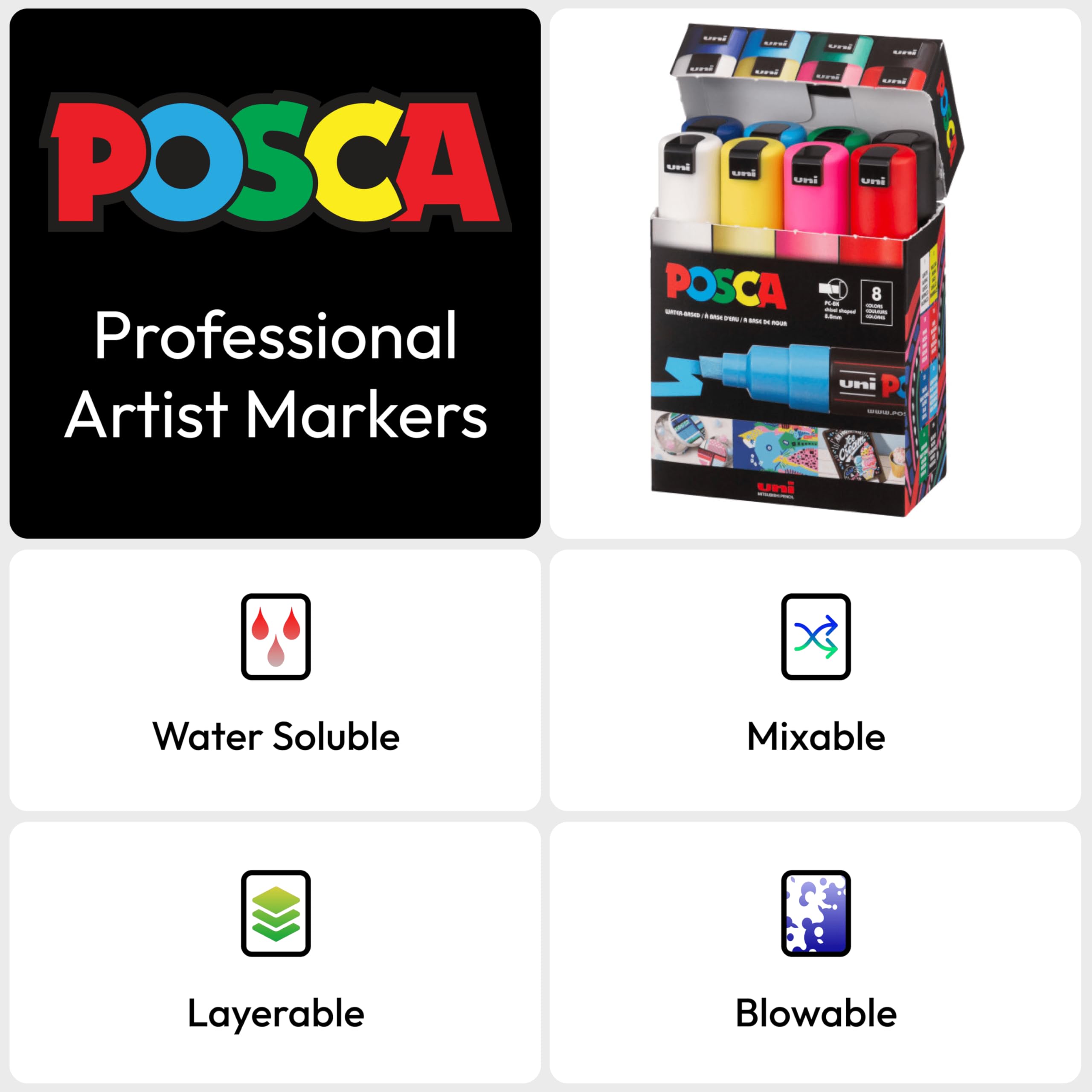 Posca Authentic Marker Set, 8 Professional Grade Markers with 8K Broad Chisel Tips