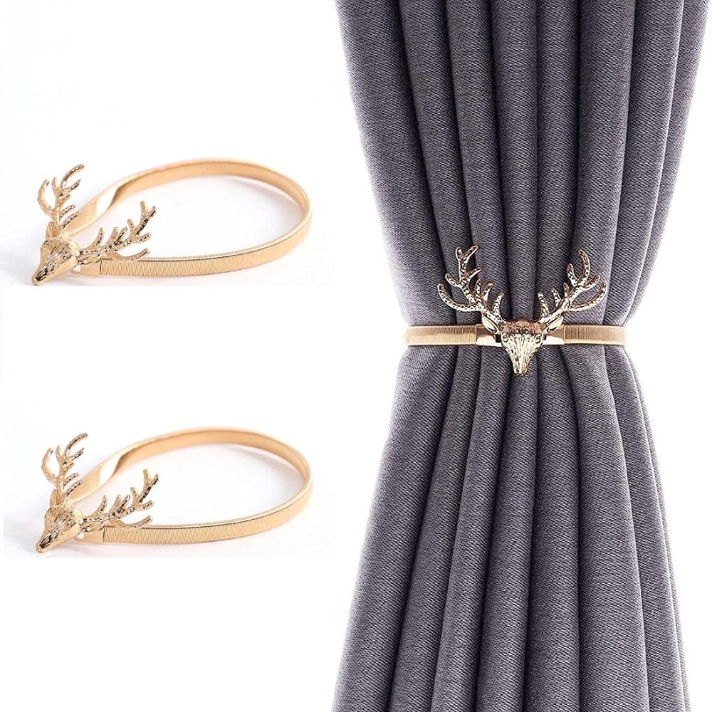 2 Pack Spring Rope Curtain Tiebacks Curtain Clip Buckle Elk Rope Holdbacks Curtain Holdbacks Alloy Adjustable Decorative Curtain Clip Buckle Holder Buckles for Home Dorm Office Hotel Window