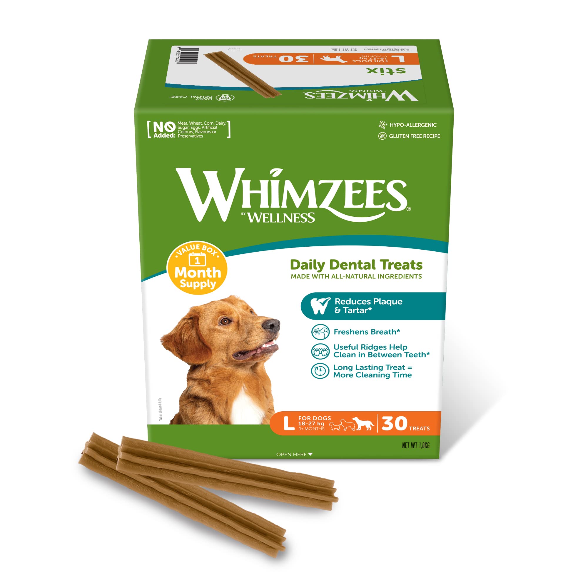 WHIMZEES Stix L, Month Box, 30 Pieces – Dog Dental Stix, Size L, Dog Dental Sticks for Large Breeds, Natural and Grain Free, Rawhide-Free, Vegetarian, No Added Sugar
