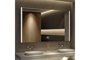 HBEZON Medicine Cabinet with LED Lights and Mirror, 60 x 36 Inch Surface or Recessed Mounted Bathroom Cabinet with Door, Clock&Temp, Defogger, Memory Function, 3-Color Mode, Outlet&USB, Dimmer