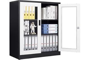 Anxxsu Metal Storage Cabinet with Glass Door, Locking Display Storage Cabinet with 2 Glass Doors and 2 Adjustable Shelves for Home, Pantry Storage (Black)