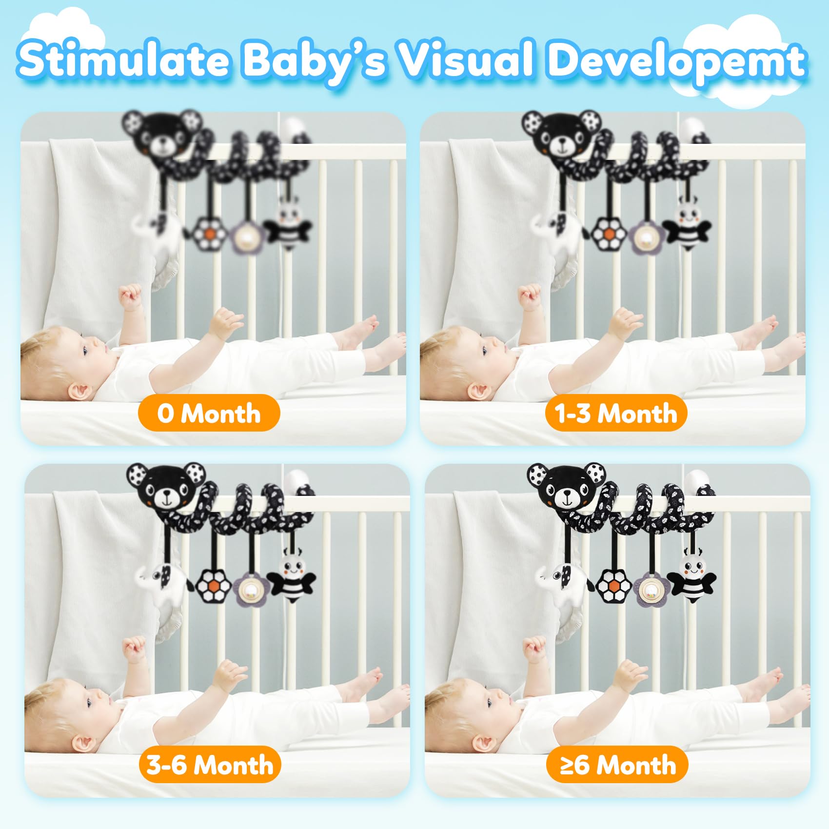 Baby Carseat Toy Black & White Rattle Spiral Hanging Activity Stroller Toy for Newborns Boys and Girls, Quality Gifts for Baby Shower - Bear