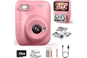 LETSHAHA Kids Instant Print Camera, 3.0-inch HD Screen 32MP Photo Instant Digital Camera Christmas Birthday Gifts Toys for Children Girls Boys Age 3-12 - Pink