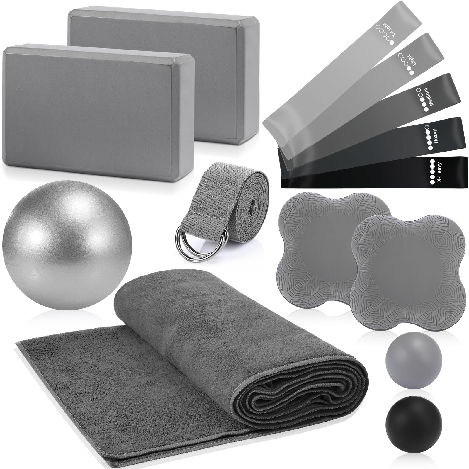Photo 1 of Simgoing 14 Pcs Yoga Kits for Home Workouts Pilates Equipment Set for Women Beginners Include Hot Yoga Towel Blocks Strap, Knee Pad, Resistance Loop Exercise Band, Massage Lacrosse Ball, Pilates Ball