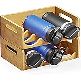 SpaceAid Bamboo Water Bottle Organizer with Labels for Kitchen and Pantry, Storage Rack for Cabinets, Home Cup and Wine Bottle Holder Shelf Organizers, 2 Pack 3-Slot, Hold 6 Bottles