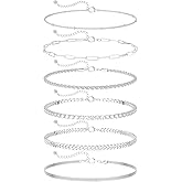 DEARMAY Dainty Silver Plated Ankle Bracelets for Women Waterproof, Silver Anklets Jewelry Layered Cuban Chain Herringbone Cute Anklets Set Pack Summer Beach Gift for Women Teen