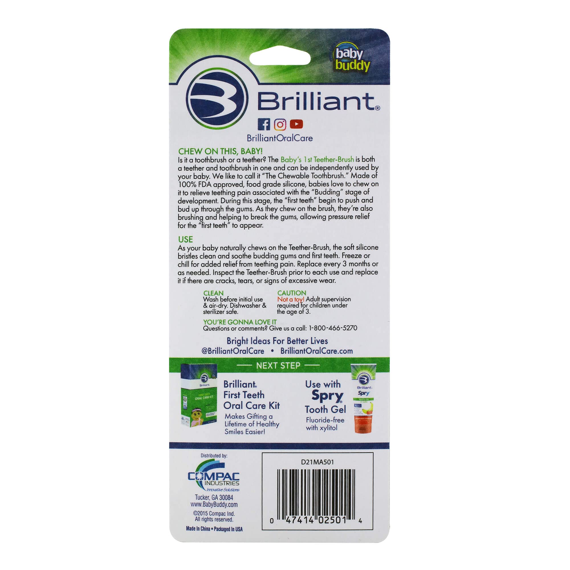 Brilliant Oral Care Baby’s First Toothbrush, Smooth Silicone Bristles Gently Clean Tender Teeth and Gums, for Ages 4+ Months, Blue + Clear, 2 Pack