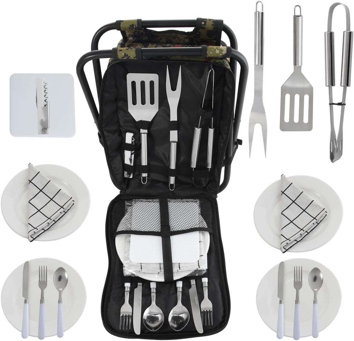 POLIGO Camping BBQ Tool Set in Multi-Purpose Folding Picnic Backpack Stool Chair with Insulated Cooler Bag, Complete Accessories Set for Outdoor Barbecue, Camping, Picnic, Fishing, Hiking, Grilling