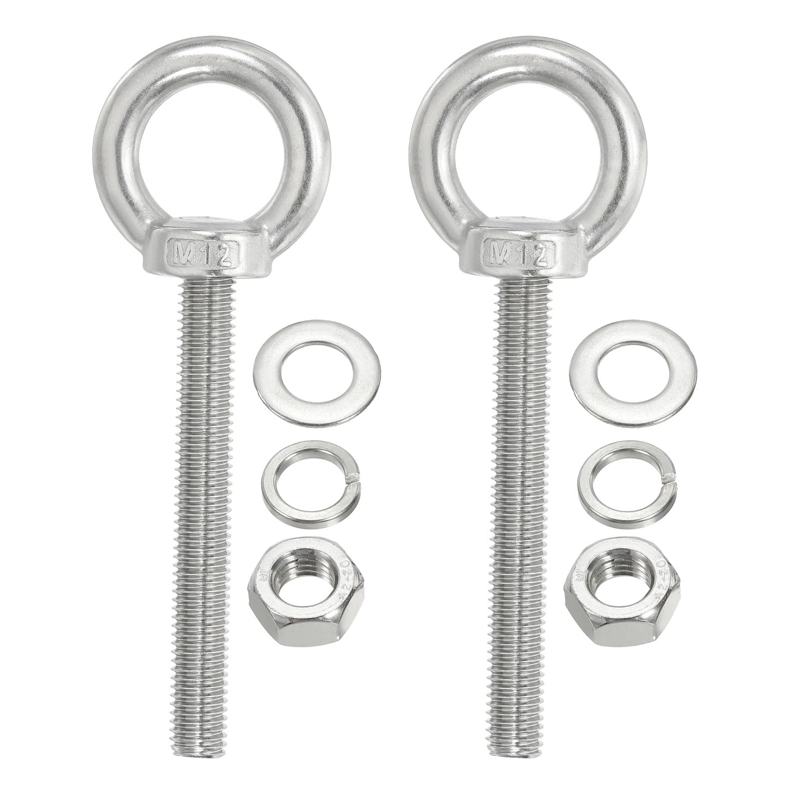 PATIKIL M12 x 80mm Lifting Shoulder Eye Bolt, 2Pcs 304 Stainless Steel Lifting Ring Threaded Eyebolt with Nuts Washers for Hanging Hammocks Articles