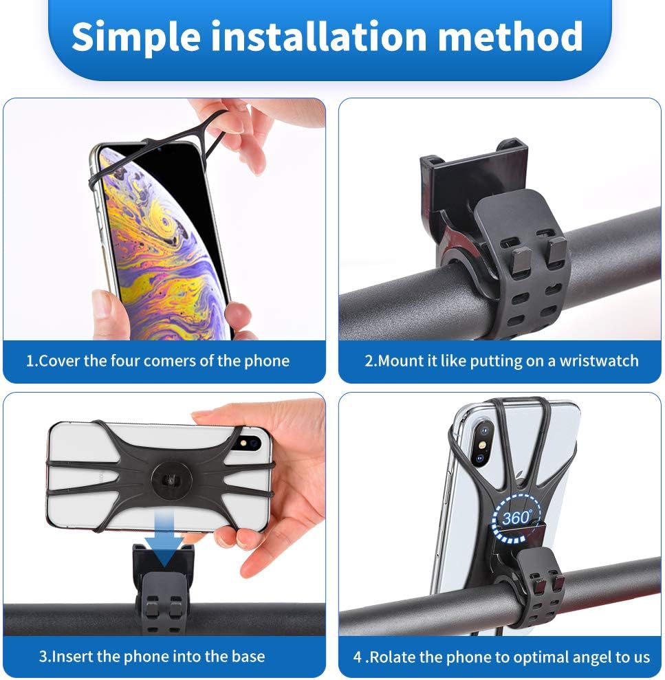 Bike Motorcycle Phone Mount Detachable 360° Rotation with Adjustable Silicone Bicycle Holder Compatible iPhone 11 Pro Max/11 Pro/11/XS/XS Max/XR/8/7, Samsung S20/S10 Plus/S10/S10e