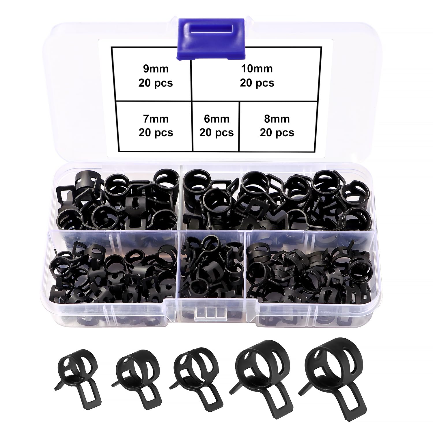 Lyeteung 100 PCS 6/7 / 8/9 / 10 mm Spring Hose Clamp Assortment Set, Fuel Line Hose Clips, Fuel Line Pipe Clips, Water Pipe Air Tube Silicone Vacuum Hose Clamp Fastener, Black