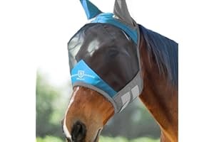 Harrison Howard Pro Luminous Horse Fly Mask Standard with Ears UV Protection for Horse Azure Blue/Silver Large Full Size