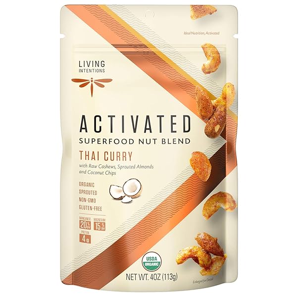 LIVING INTENTIONS SPROUTED ORGANIC NUT BLEND– THAI CURRY– NONGMO – GLUTEN FREE – VEGAN – PALEO – KOSHER – 4 OUNCE UNIT