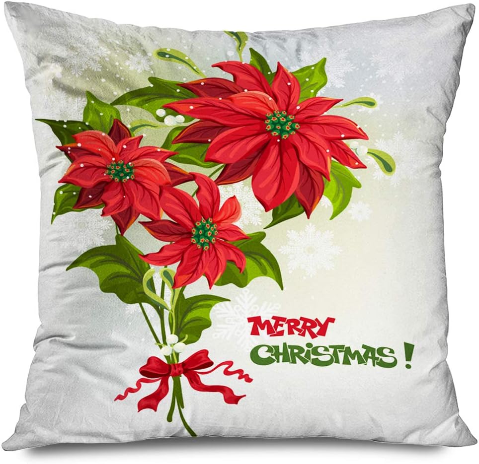 Ahawoso Throw Pillow Cover Square 18x18 Inch Merry Xmas Christmas Traditional Painted Bouquet Poinsettias Twig Textures Holidays Congratulation Decorative Zippered Pillowcase Home Decor Cushion Case