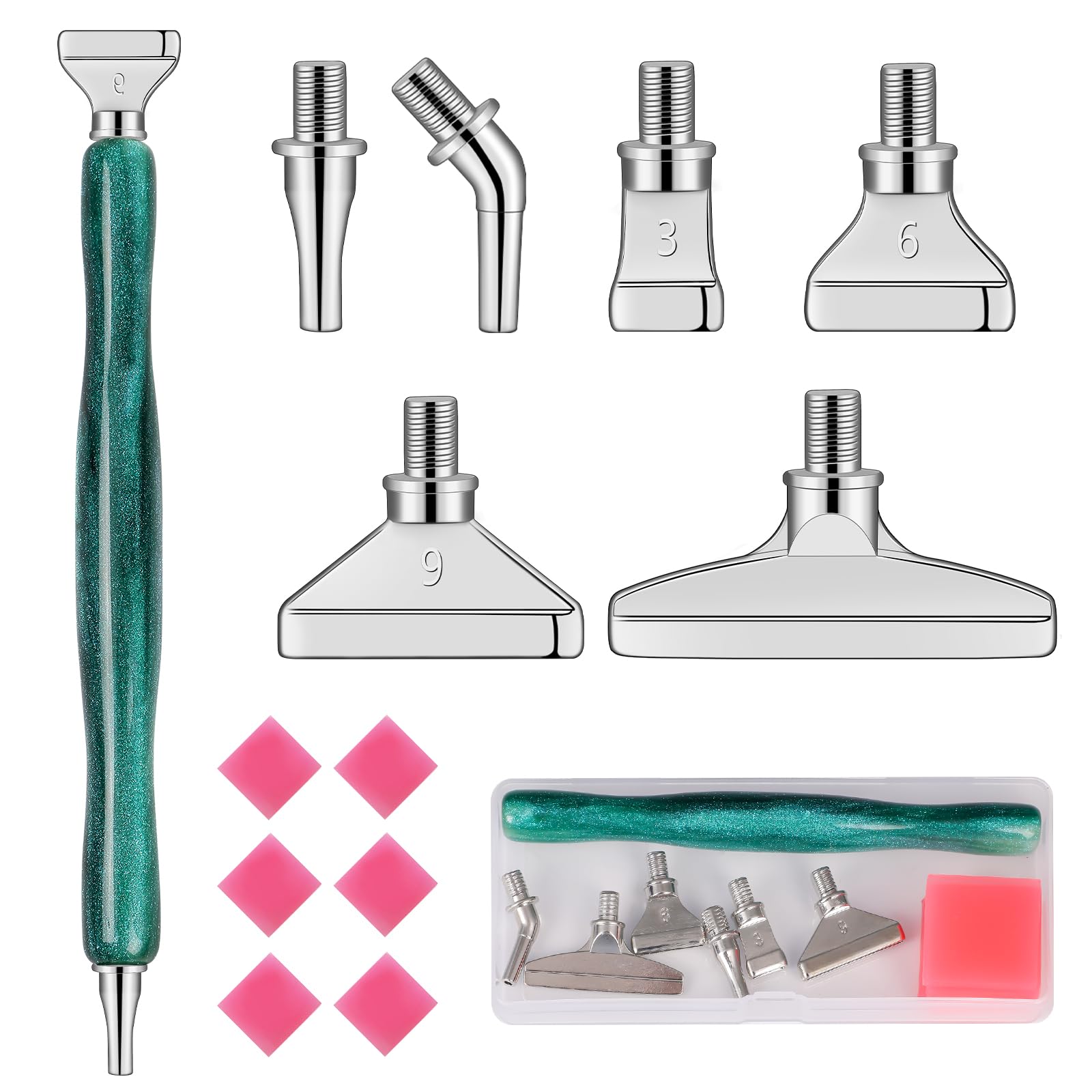 papasgix 14Pcs DIAMOND PAINTING Pens Kits, Glitter Diamond Art Metal Drill Pen Tips with Multi Replacement Pen Heads, 5D DIAMOND PAINTING Accessories Tools for DIY Craft Crystal(Green Silver)