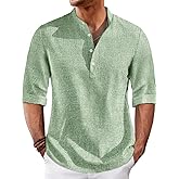 Runcati Mens Linen Henley Shirts Casual Lightweight 3/4 Sleeve T-Shirt Summer Beach Yoga Hippie Tops