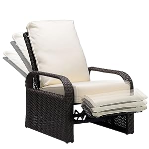 Babylon Outdoor Recliner Wicker Patio Adjustable Recliner Chair with 5.11" Cushions and Ottoman,Rust-Resistant Aluminum Frame,All-Weather Resin Rattan, Grey&Beige