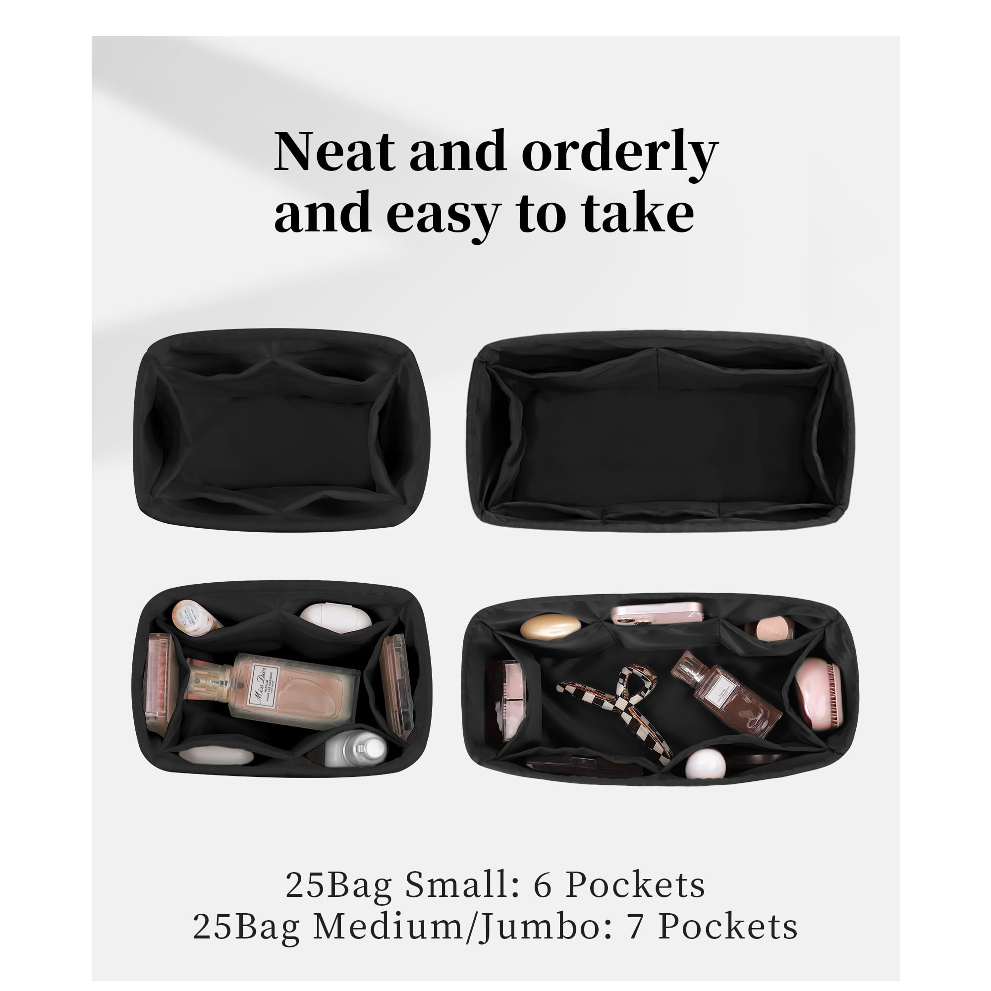 Purse Organizer Insert for Chanel 25C Hobo Bags, Satin Luxury Bag Insert, Large Capacity Pouch with Practical Pockets, Portable Purse Shaper(Black, 25 Small)