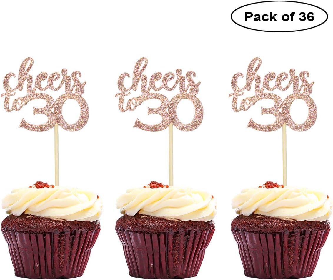 24pcs Gold Glitter Cheers To 30 Cupcake Toppers 30th Birthday