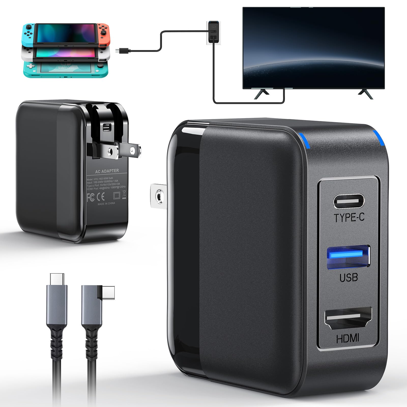 65W GaN Switch TV Charger Adapter for Nintendo Switch/OLED/Steam Deck/ROG Ally/Phone/Notebook-HDMI 2.0A 4K/60Hz - Fast Charging AC Adapter USB-C PD3.0 -Cable Included
